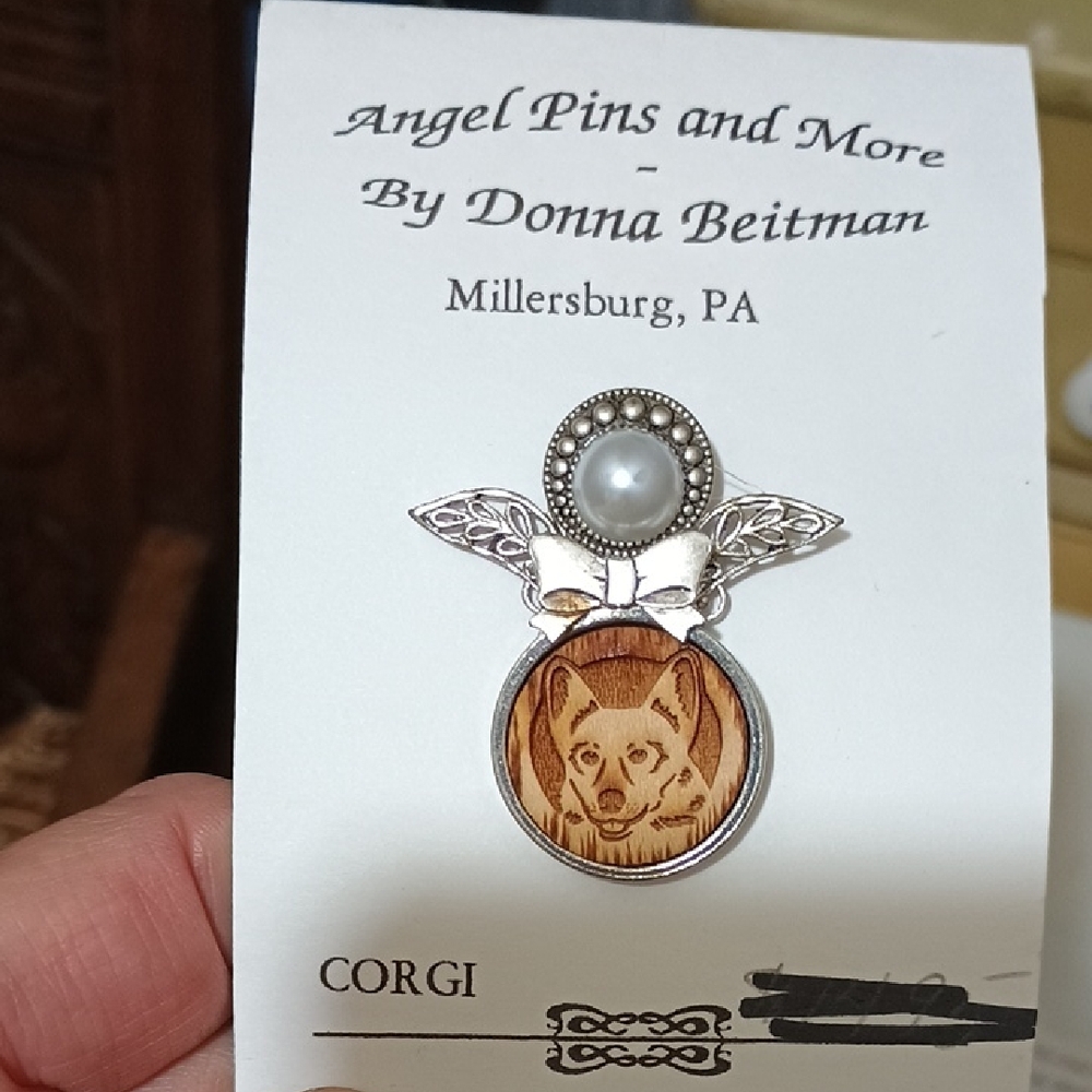 Silver and Wood Corgi Angel Pin Handmade